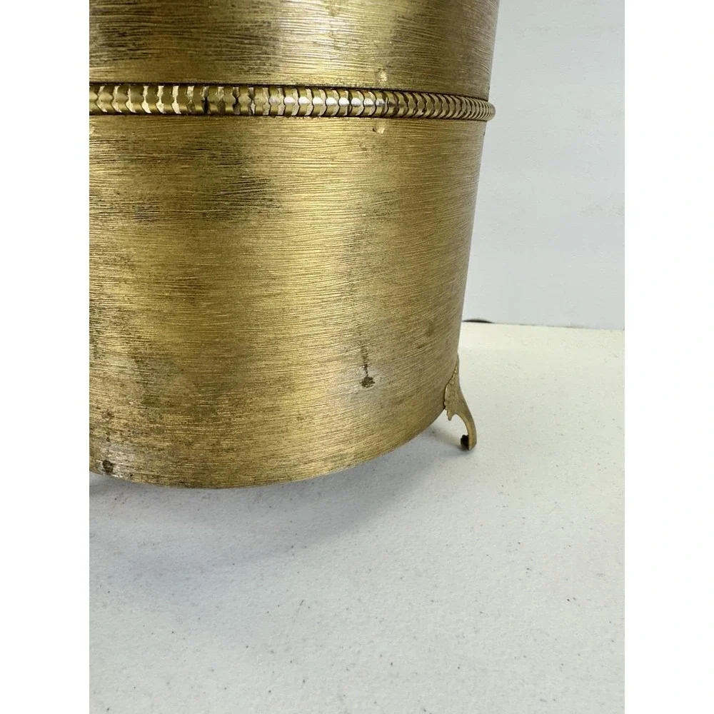 Vintage Hollywood Regency Gold Tone Metal Wastebasket W/ Acrylic Liner Footed